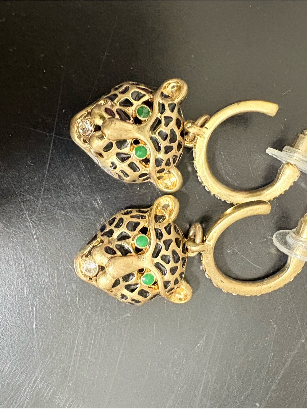 CAbi Gold Jaguar Head Hoop Earrings with Black Spots and Green Eyes